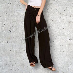 High Waist Draw String Tapered Waist Uber Baggy Wide Leg Black Mock Cargo Pants